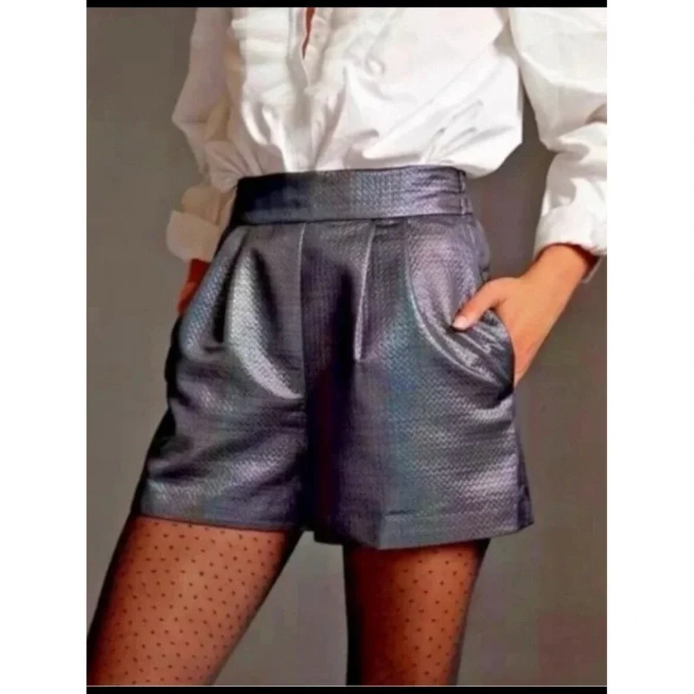 Hutch Shorts Women Small Black Metallic Iridescent High Waisted Pleated Rainbow